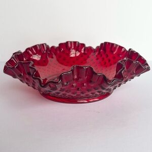 Fenton Vintage MCM Collectible Elegant Ruby Red Ruffled Glass Dish Hobnail